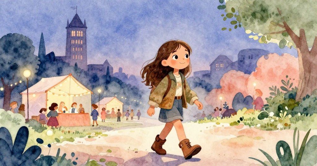 萊奧娜滿懷滿足笑容手持相機走在開闊道路上,夕暮中市集與圖書館塔逐漸遠去,神情堅定迎向新冒險