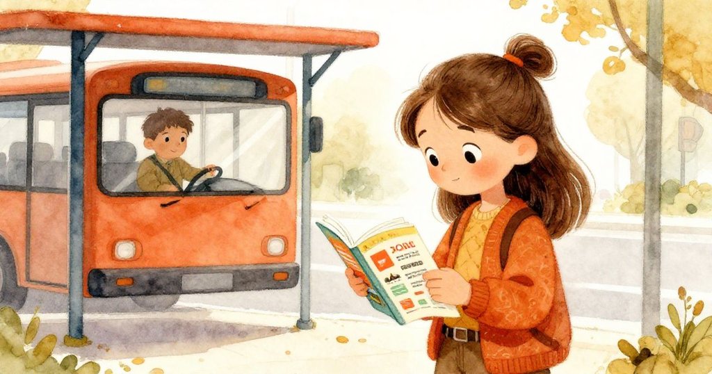 Lara在溫暖清晨的公車站等待，手持摺疊彩色口袋指南，目光專注，背景透出城市早晨的寧靜與期待。