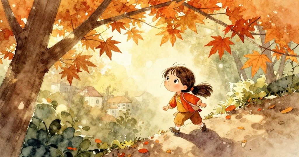 從高處俯瞰，Lara在楓樹蔭下攀登蜿蜒小徑，面露堅毅，陽光透過樹葉灑下斑駁光影。