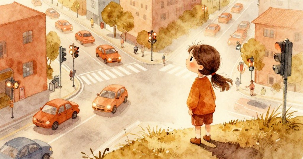 Lara站在坡頂眺望下方繁忙車流與閃爍人行燈光，神情專注，充滿應對急迫挑戰的決心。