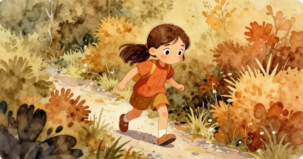 Lara踏上隱秘碎石小徑，鄰近綠蔭叢生，她面露堅毅在陽光與陰影交錯中迎接旅程挑戰。