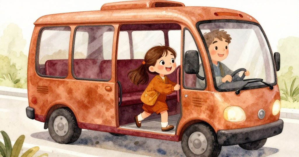 Lara登上電動接駁車，微笑司機迎接，她滿懷期待，溫馨氛圍中展現旅程終點的輕鬆與喜悅。