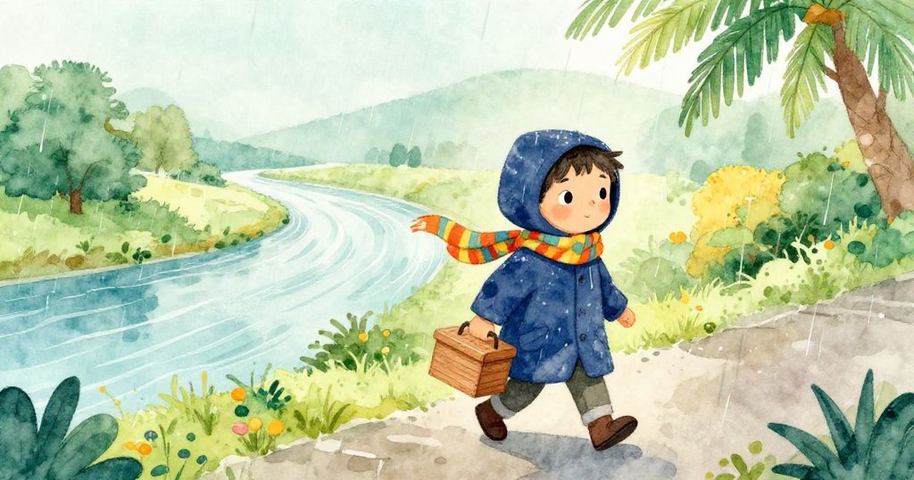 Sam在微雨晨光中急步前行,抱著小木盒,表情堅定,背景顯示河邊景色與晨光氛圍。