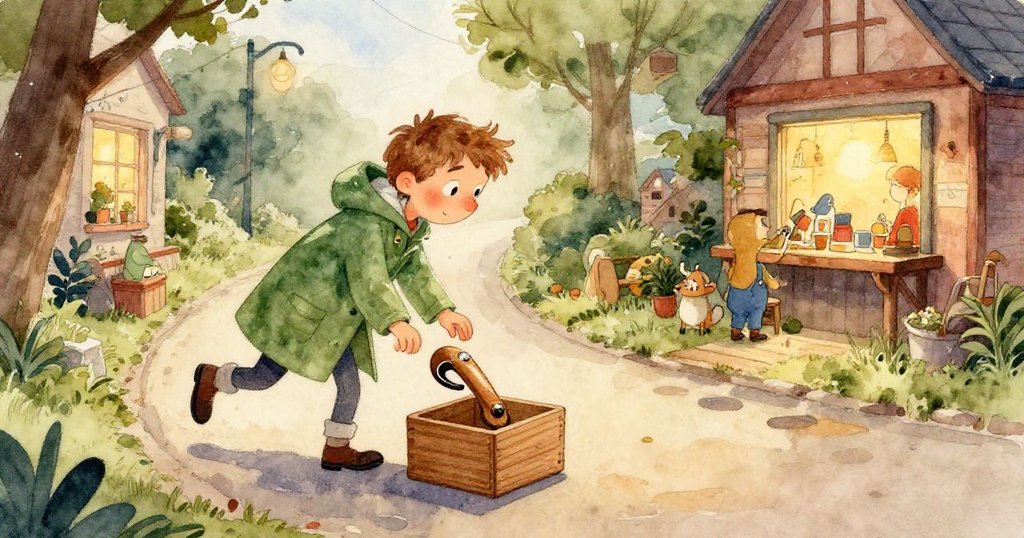 Sam專注地用雙手捧著拋光門把,細節豐富,背景水彩暈染,展現他對任務的認真與期待。