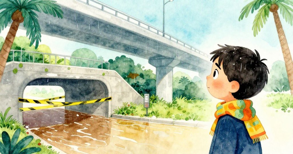 分割畫面中左側展示封閉隧道與危險水流,右側Sam望向高架橋,眼神充滿希望與決心,雨中現代城市背景。