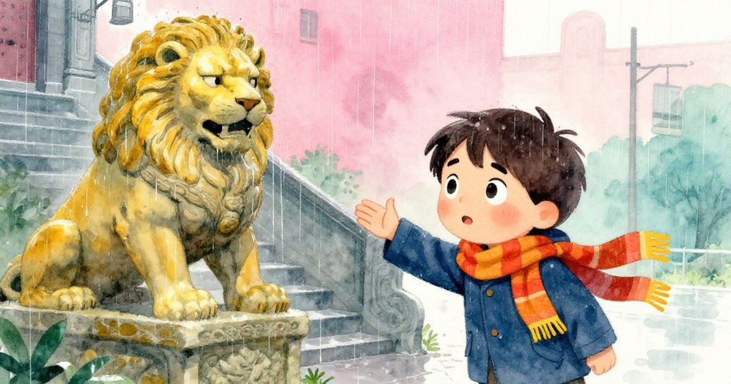 Sam在雨中趕到石獅旁樓梯,雨水沿獅鬃滑落,Sam表情緊張調整木盒,現代社區中充滿堅定與希望。