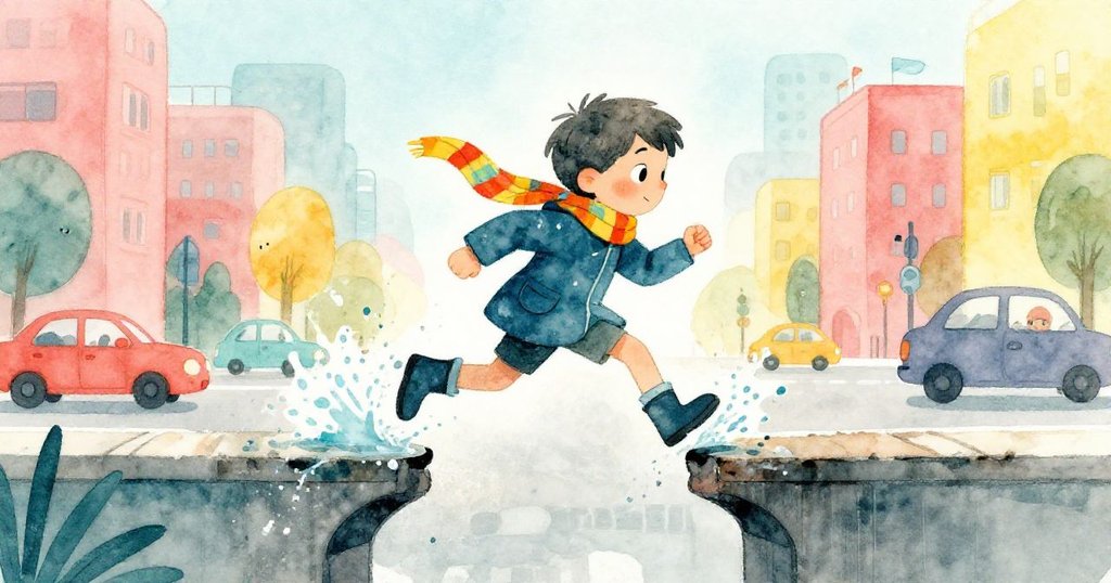 Sam在雨中奔跑穿過高架橋,雙靴激濺水花,表情充滿緊迫與決心,都市背景中展現動感與活力。