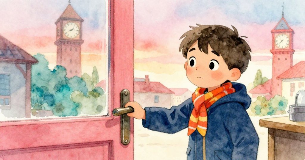 Sam在工作坊門前完成使命,放下拋光門把,臉露鬆懈笑容,背景中有鐘樓與明亮室內燈光,表現成功與安寧。