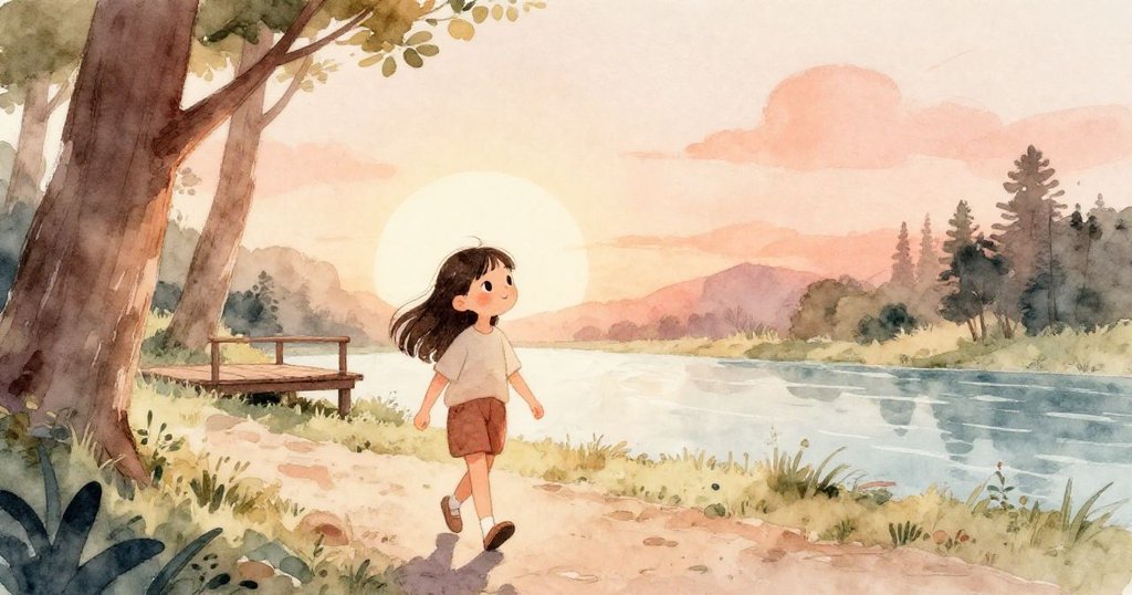 Mila 在夕陽映照的森林步道上行走,身影剪影映出古老平台與巨樹,神秘而溫暖的氣氛蔓延。