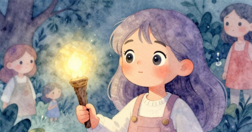 Mila 近距離展現專注眼神,手握小火把,臉上流露好奇與期待,暗示即將發現隱秘奇景。