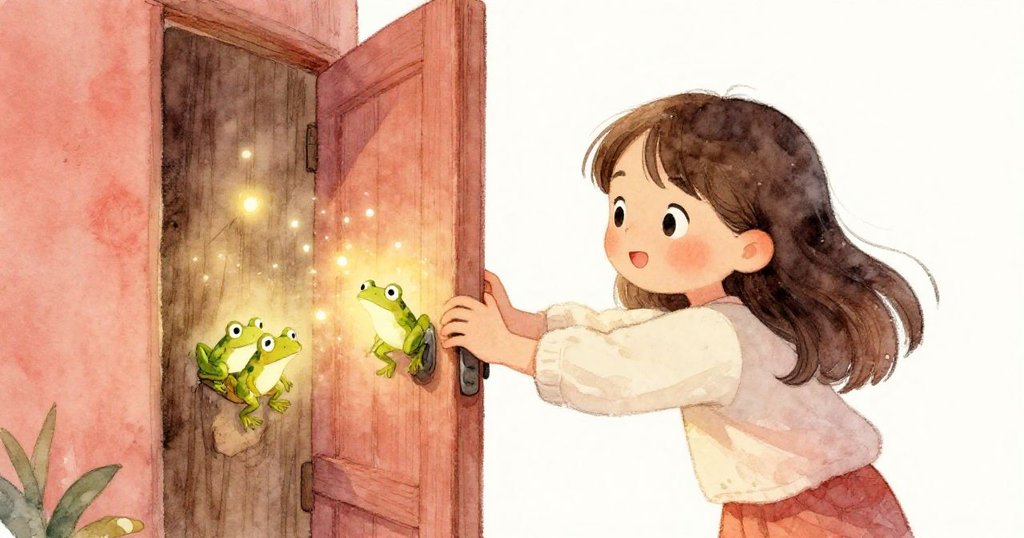 Mila 輕推隱藏在樹樁中的小門,瞬間釋放出一群發光青蛙,神秘魔法氣息瀰漫平台。