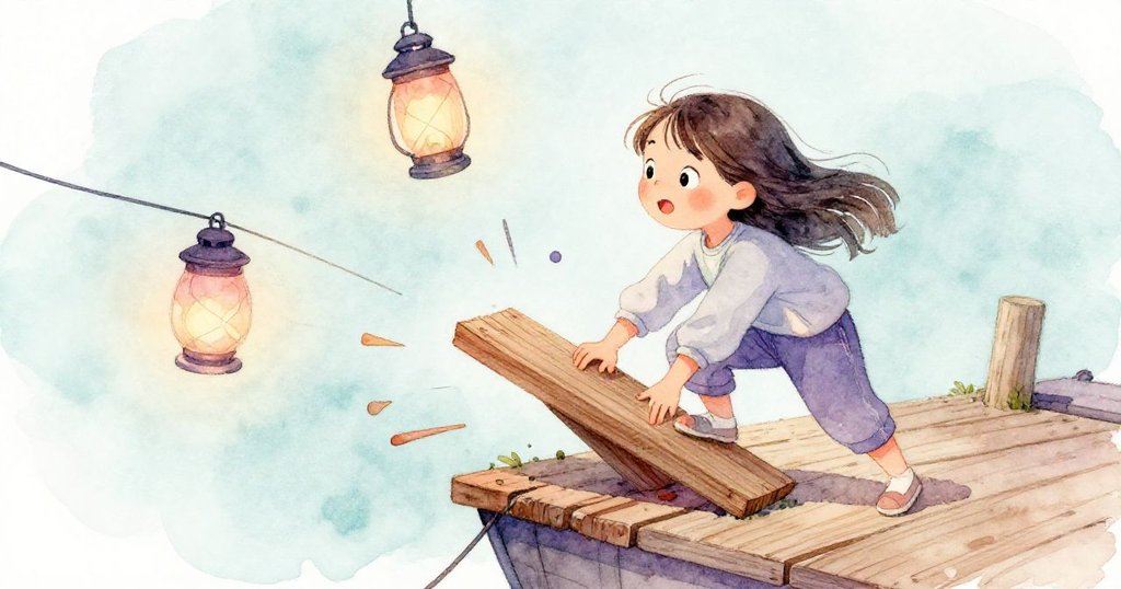 Mila 積極調整搖晃木板,緊握火把防止落水,動作迅速臉上盡顯緊張與驚訝。