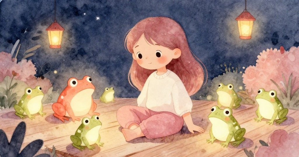 Mila 靜坐於平台邊緣,周圍青蛙在火光中跳躍,和諧安詳中展現出傳統與魔法的奇幻交融。