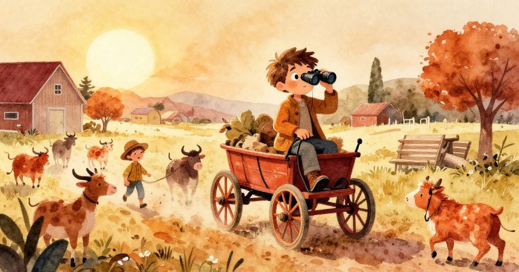 Leo在明亮農場的馬車中出發，周圍有動物與人群互動，神情興奮迎接冒險。