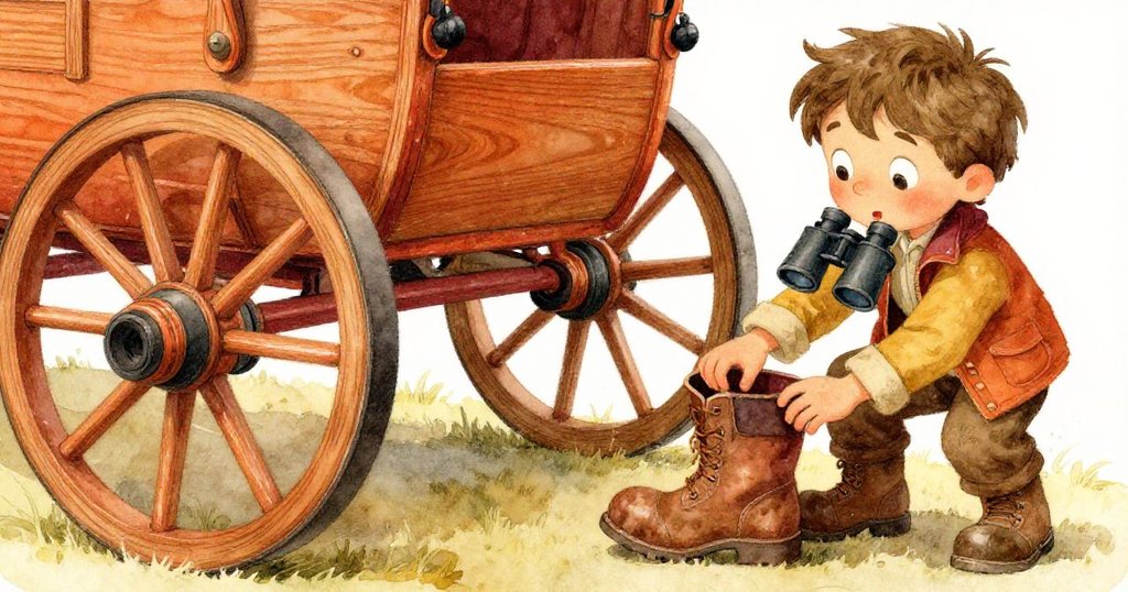 Leo專注檢視舊馬車木紋與破舊靴子，細節豐富展現旅途準備，灰塵微揚，氣氛溫暖。