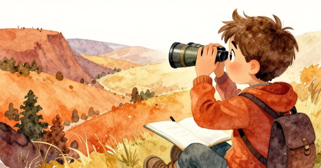 Leo從背後望遠，聚焦遠處山谷捕捉鳥影，並將畫稿隱現於手邊，神情充滿期待。