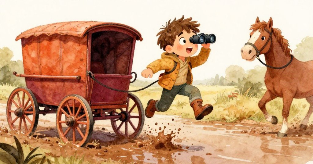 Leo靈活跳下馬車，幫助馬匹穿越泥濘淺灘，拭去臟污靴子，表情專注與果斷。