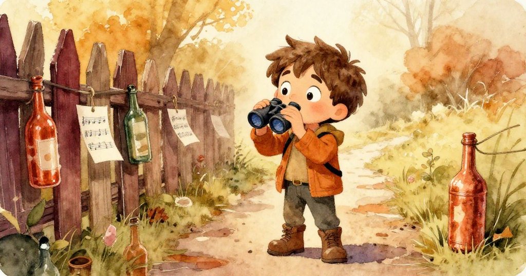 Leo站在狹窄小徑前，凝視隨風搖曳的酒瓶發出金屬音，決定離開馬車迎向未知之路。