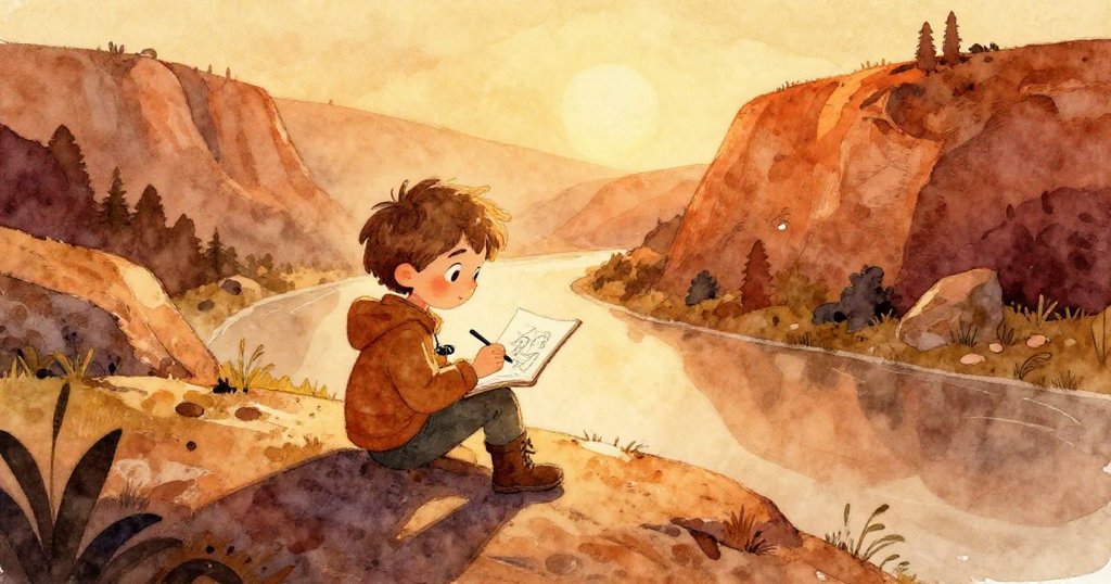 Leo於岩石彎道靜坐完成畫作，夕陽下鳥影定格於紙上，寧靜山谷映出滿足微笑與溫柔光影。