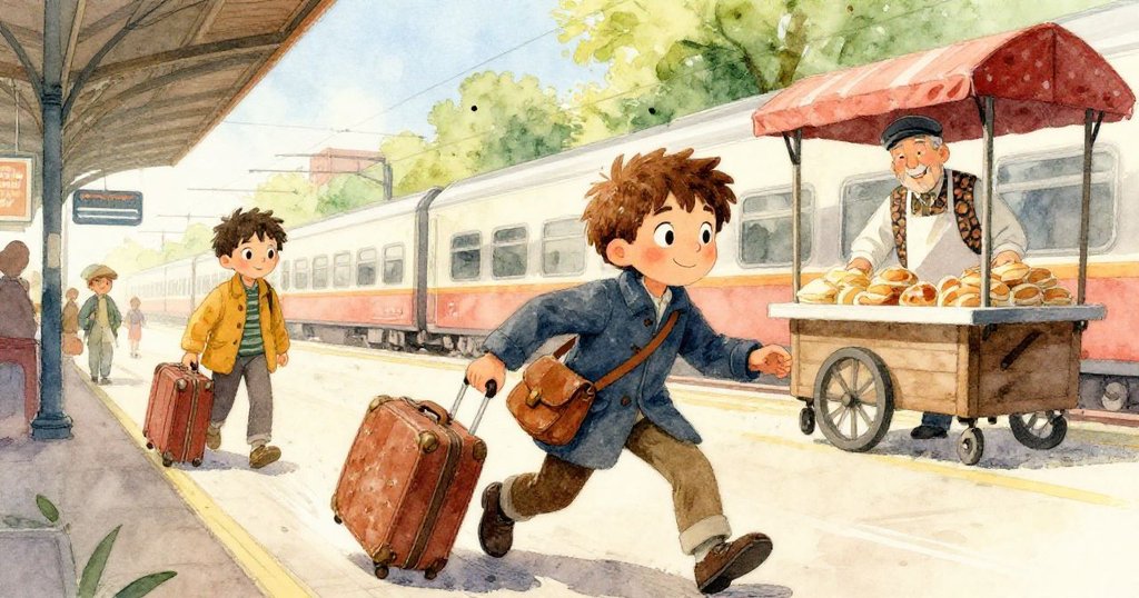 米洛在晨光照耀的菲頓車站中穿梭行李與攤販間，表情專注急促，背景匆忙人群和明亮色彩營造出動感情境。