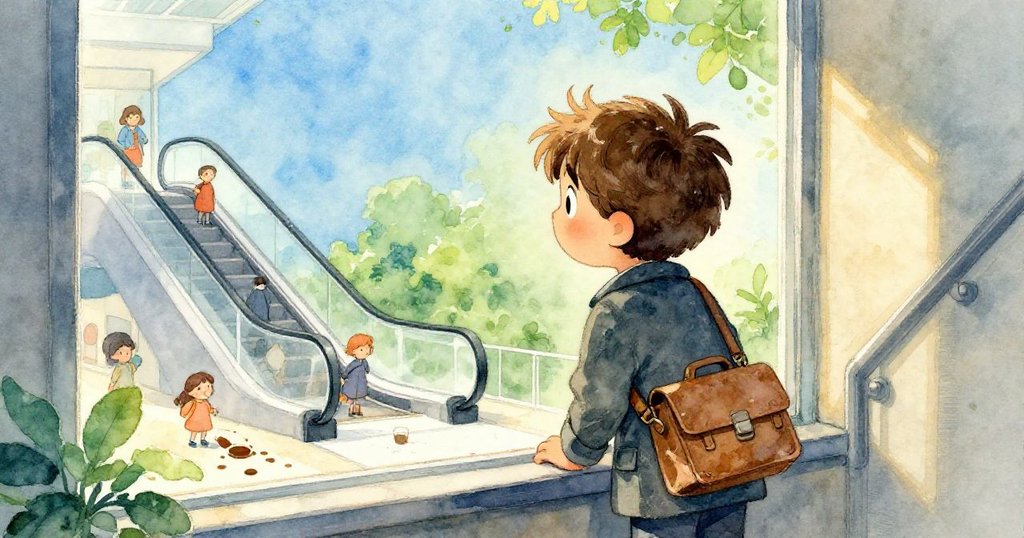 米洛在狹窄樓梯上急速攀登，透過玻璃看向因咖啡溢出而停滯的扶梯，表情專注急促，背景乘客互動熱鬧。