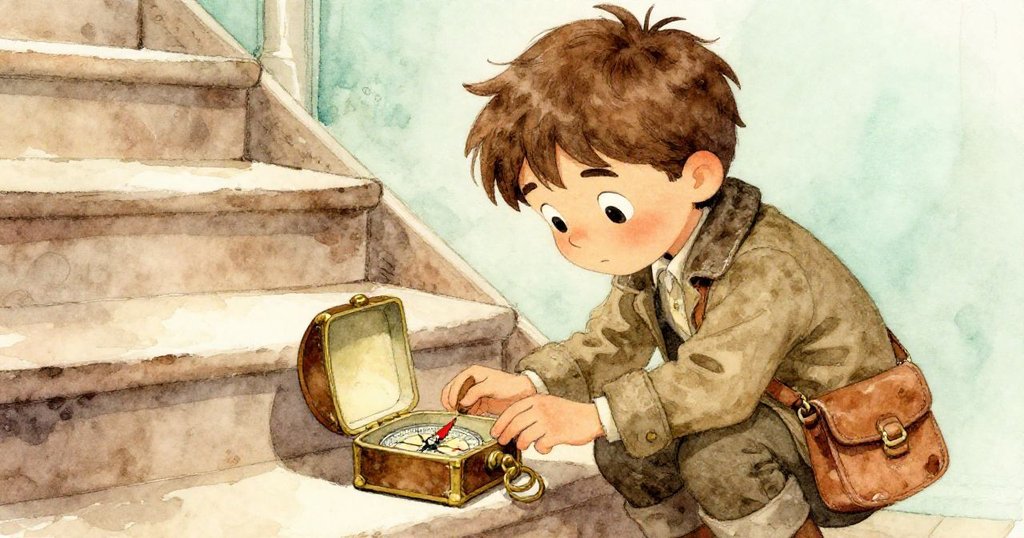 米洛在樓梯上彎腰打開銅盒，發現裡面懷舊的指南針，神情溫柔回憶童年探險，溫暖柔和光線襯托懷舊氛圍。