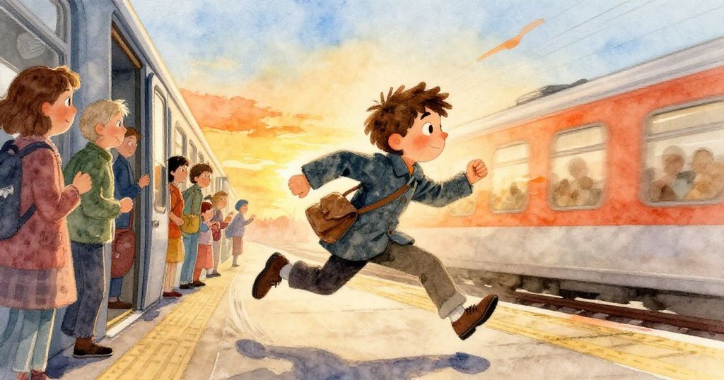 米洛在月台上急速奔跑，躍向打開的列車門，背景中乘客讓路，面露決心，色彩明亮活力四射。