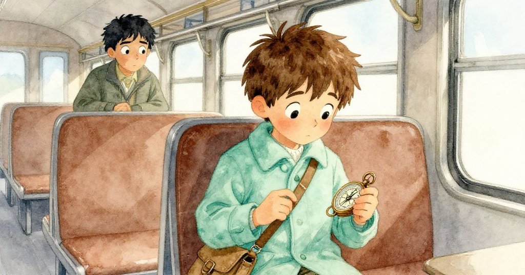 米洛坐在車廂內沉思，手靠近口袋中那枚懷舊指南針，背景中灰衣人冷峻而迅速掠過目光，室內氛圍溫暖而略帶神秘。