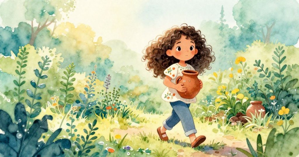 米拉在晨曦中步入香草園，緊抱陶罐，露水閃耀，神情堅定，展開冒險旅程。