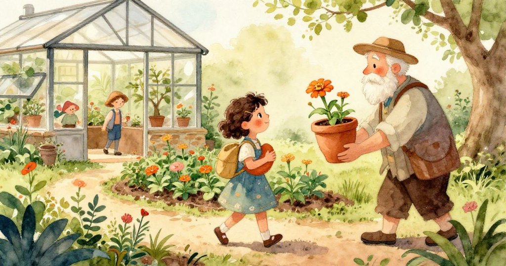 米拉專注輕撫陶罐，溫柔保護裡面璀璨的橙色百日菊，展現珍愛與細膩情感。