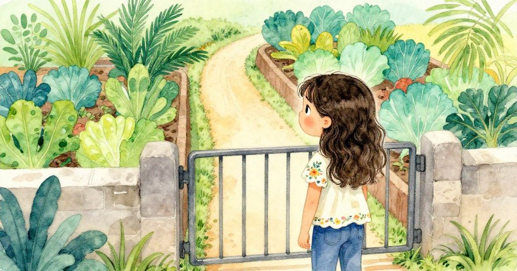 米拉站在側門前，從背後望向彎曲菜園小徑，眼中滿是好奇與探索冒險的決心。