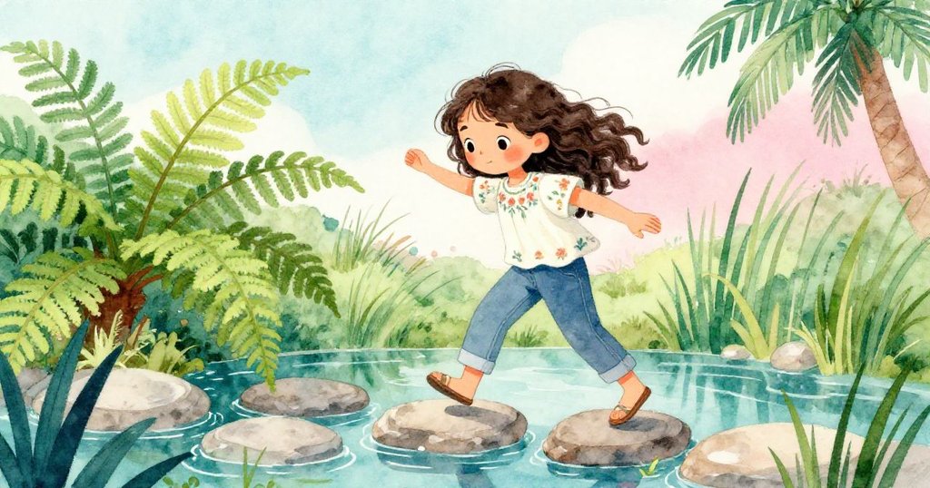 米拉在高草與淺池之間踩著藤蕨旁的平石，小心探索臨時橋樑，充滿期待與冒險精神。