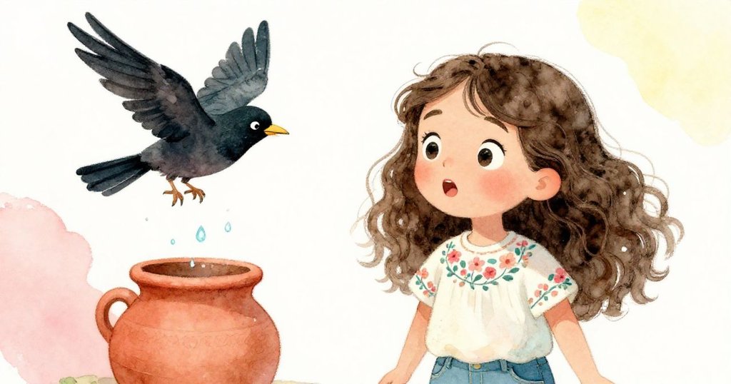 米拉驚訝地看著黑鳥從斷枝處飛起，水滴在半空中飛散觸碰陶罐，定格精彩瞬間。