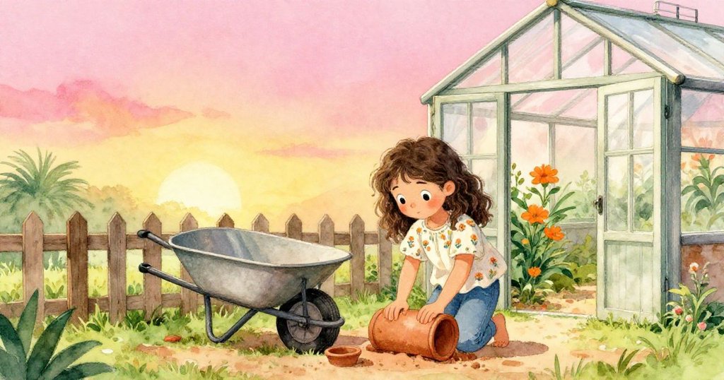 米拉在翻倒手推車旁將陶罐放入低矮柵欄下，溫室門打開透出橙花，臉上展現滿足與輕鬆微笑。