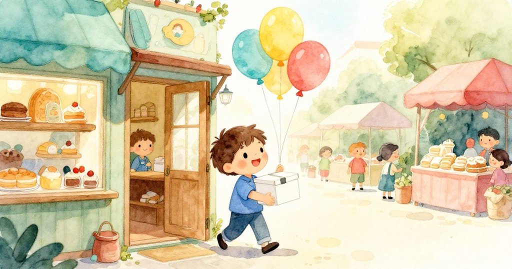 米洛手持白色盒子從麵包店門口跨步出來，背景中彩色氣球飛舞、市場熙熙攘攘，他臉上充滿期待與興奮的神情。