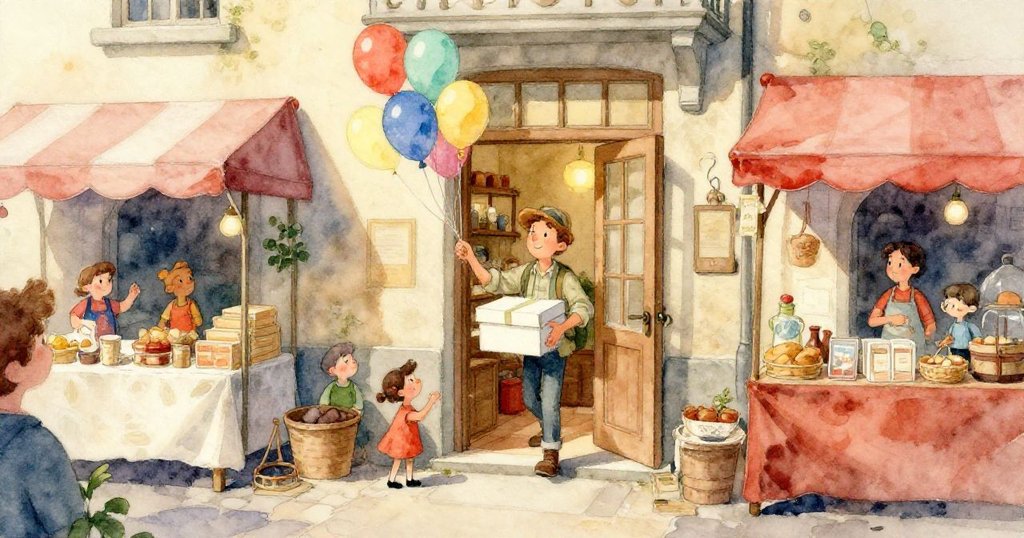 米洛專注打開蛋糕盒，展示亮麗緞帶和晶亮糖霜的細節，近景突顯他小心又期待的表情。