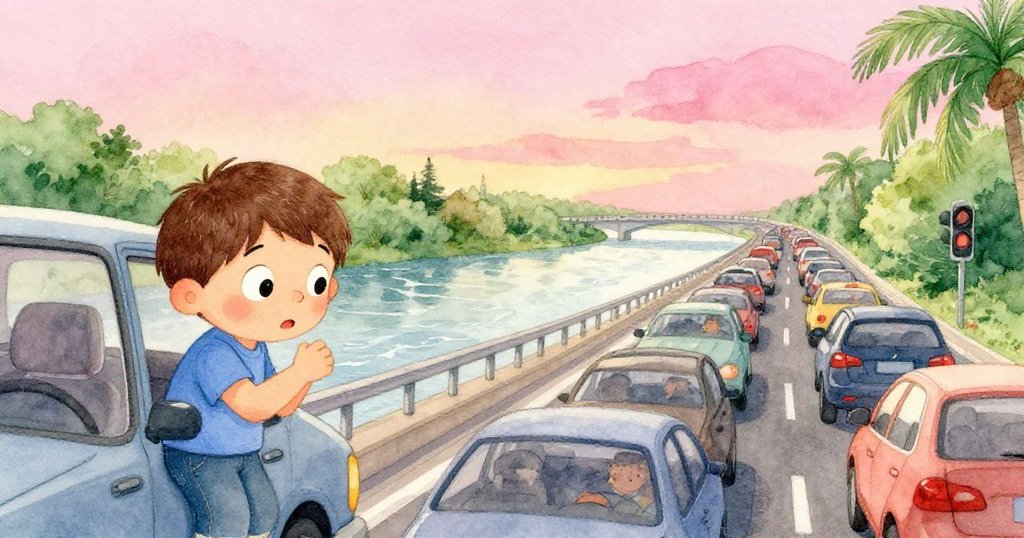 米洛在車內緊張拍剎，表情焦慮，左側細節呈現車內動作，右側展示河橋紅燈下車流擁擠與嘟嘟鳴笛情景。