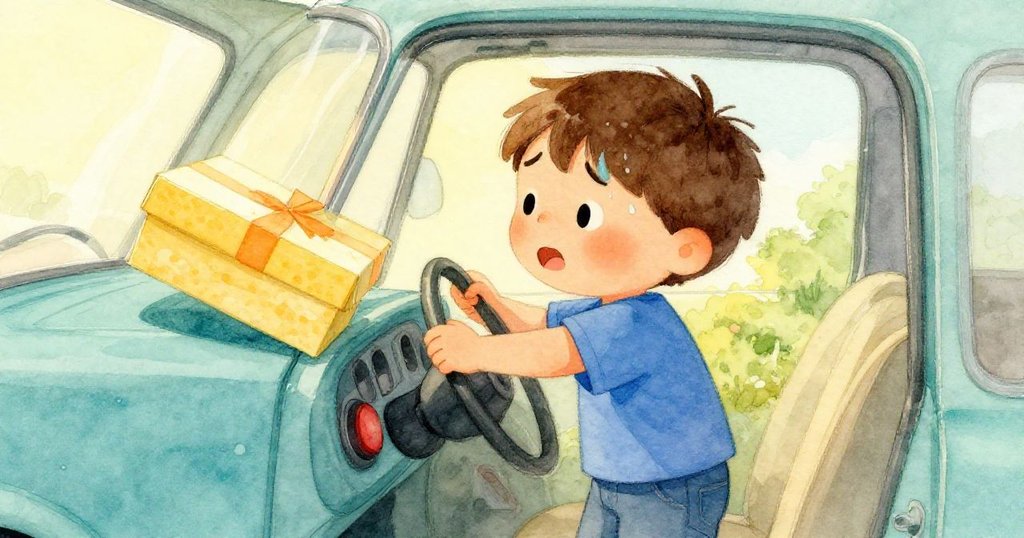 米洛在車內緊張拍剎，額上汗珠滴落，蛋糕盒隨動作微微傾斜，展現交通延誤與焦慮時光。