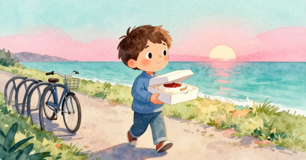 米洛離開派對現場沿樹蔭步道急行，旁有自行車架，手持蛋糕盒面帶自信微笑，背景展現明亮希望與涼風吹拂感。