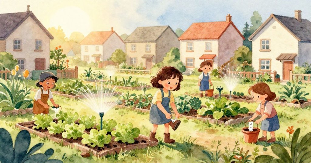 莉亞的手正細心調整噴頭，管中嵌著小石子，水珠閃爍，象徵著自然挑戰與每滴水的重要。