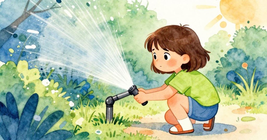 從莉亞背後看，她蹲在花園中仔細觀察噴水管內的小石子，綠葉環繞，光線斑駁，展現堅定專注情緒。