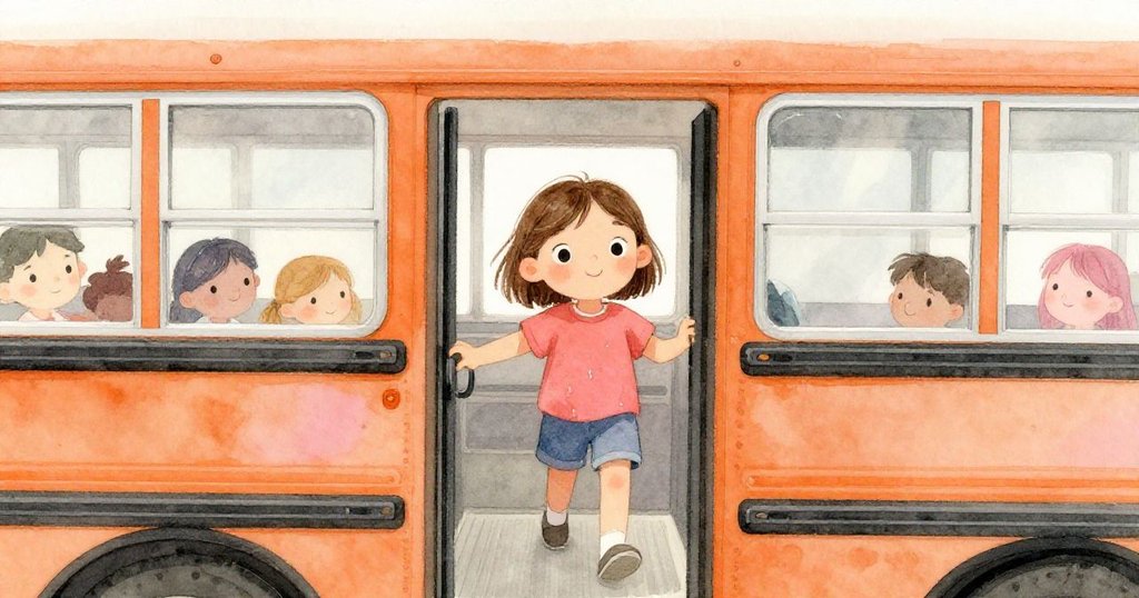 莉亞踏入溫馨校車內部，濕潤袖子與舒適座椅相映，燈光柔和，表情透露出放鬆與開心。