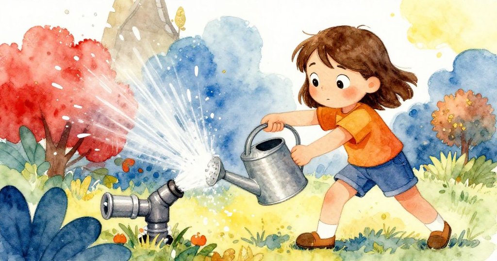 莉亞努力用雨桶與澆水罐清理阻塞管道，水花飛濺，表情堅定，展現出與自然鬥爭的緊迫情感。