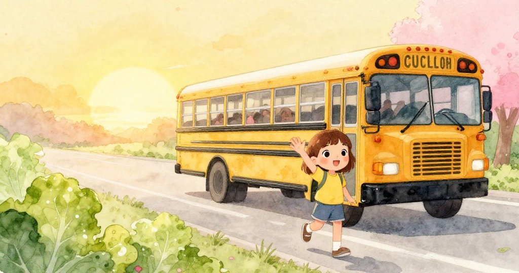 金色夕陽下，莉亞在生菜閃光的花園前揮手告別，校車遠去，臉上洋溢著平靜與喜悅情緒。