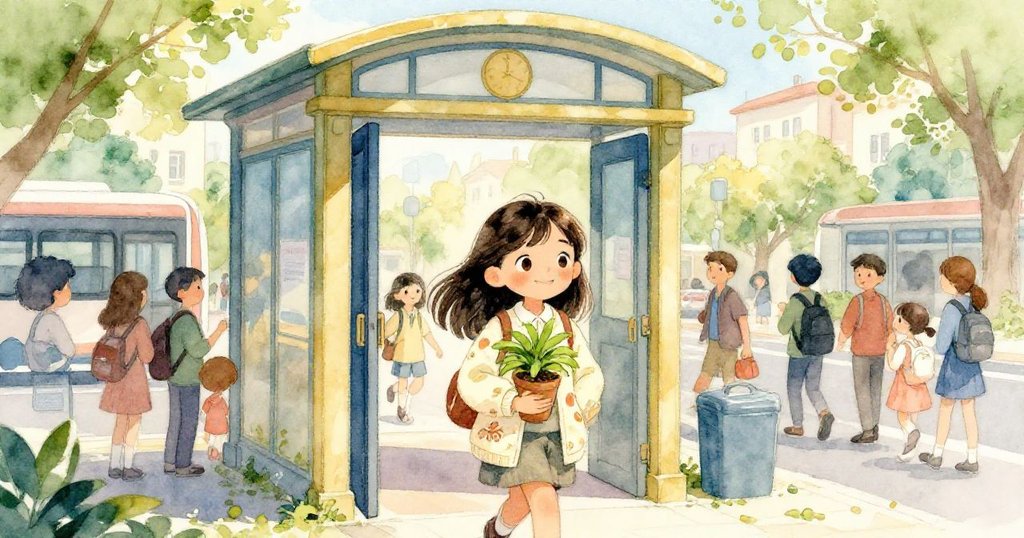 Lily從學校出口興奮地走向公車站，手持綠色植物，明亮門框映襯出城市晨光，臉上滿是期待與活力。