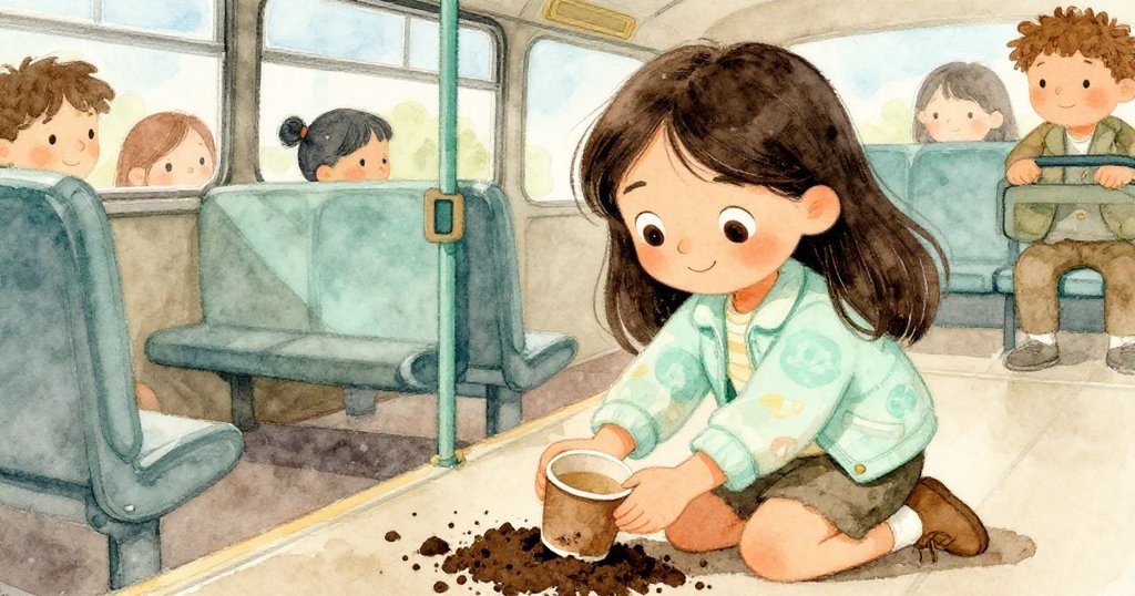 Lily在公車內急忙蹲下，用紙杯細心撿起灑落的黑色泥土，臉上流露出專注與些許焦急，環境細節豐富。