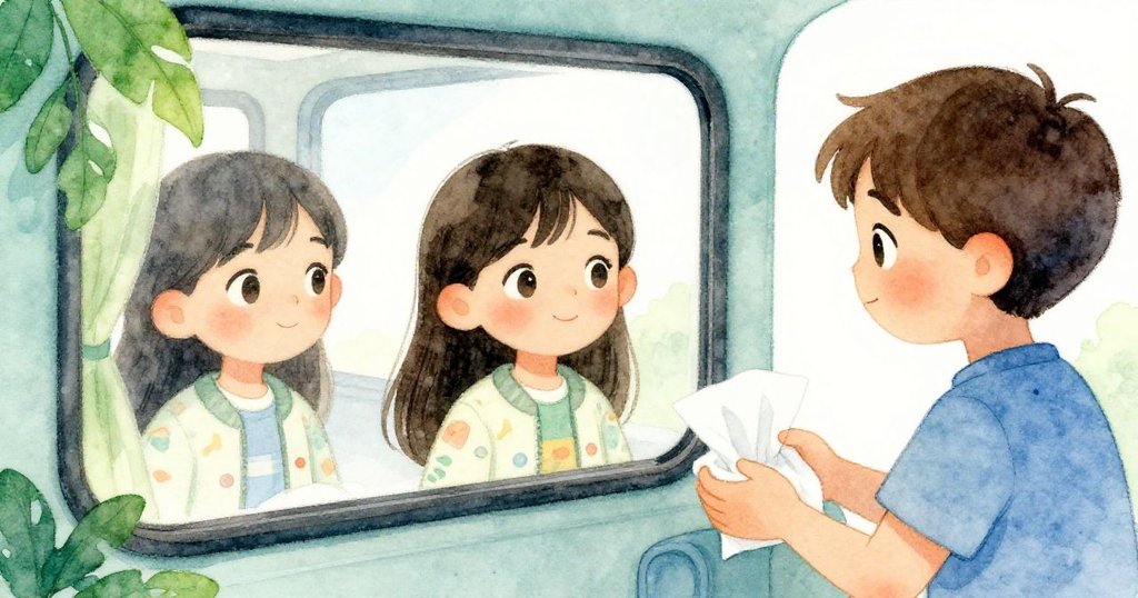 Lily在公車窗中看見自己焦慮的倒影，旁邊男孩溫柔遞上紙巾，她眼中逐漸充滿感謝與平靜，城市遠景依稀。