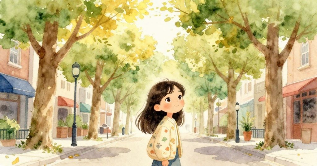 Lily步入被明亮大樹環繞的都市街道，陽光透過樹葉灑下，她充滿決心和希望，背景中隱約顯現城市輪廓。