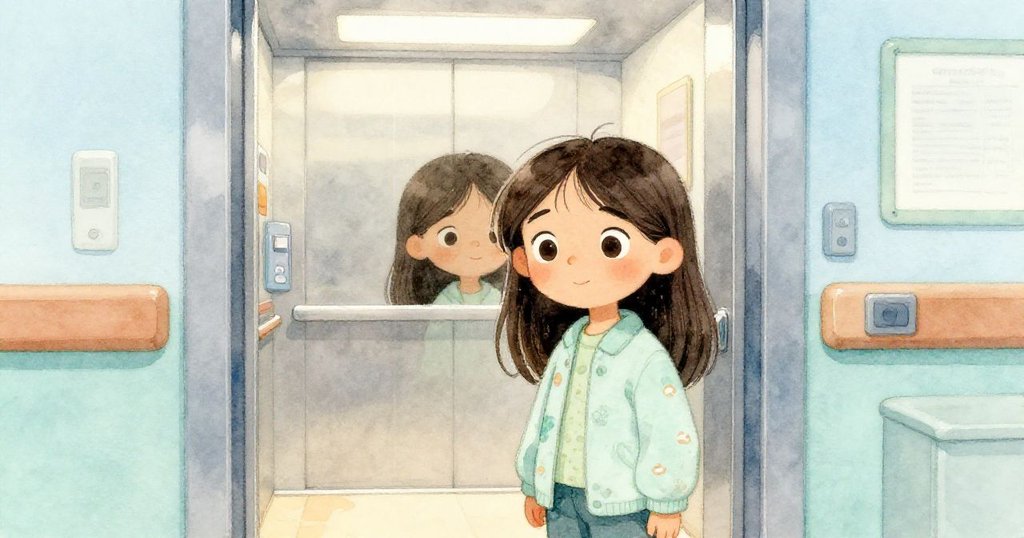 Lily在醫院大廳中站於敞開電梯前，猶豫中帶著決心，環境以柔和天藍及薄荷綠呈現，充滿現代感與溫馨燈光。