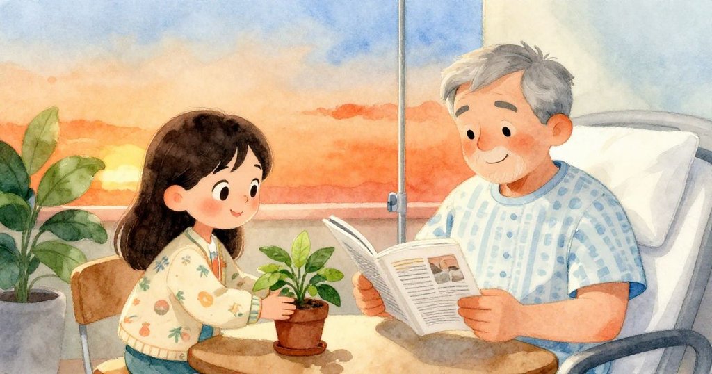 Lily在夕陽餘暉映照下的病房中輕放綠植，叔叔閱讀雜誌時露出溫柔笑容，打造出溫馨重逢的感人場景。